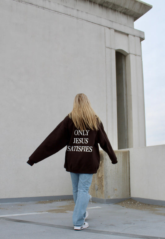 only Jesus satisfies brown gildan oversized cotton and polyester hoodie