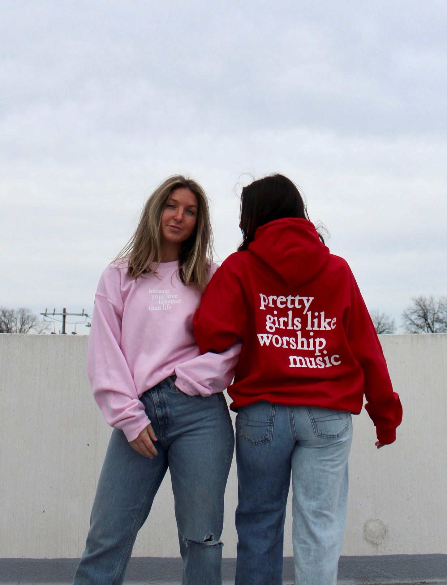 Pretty girls like worship music hoodie in pink and red friends hugging