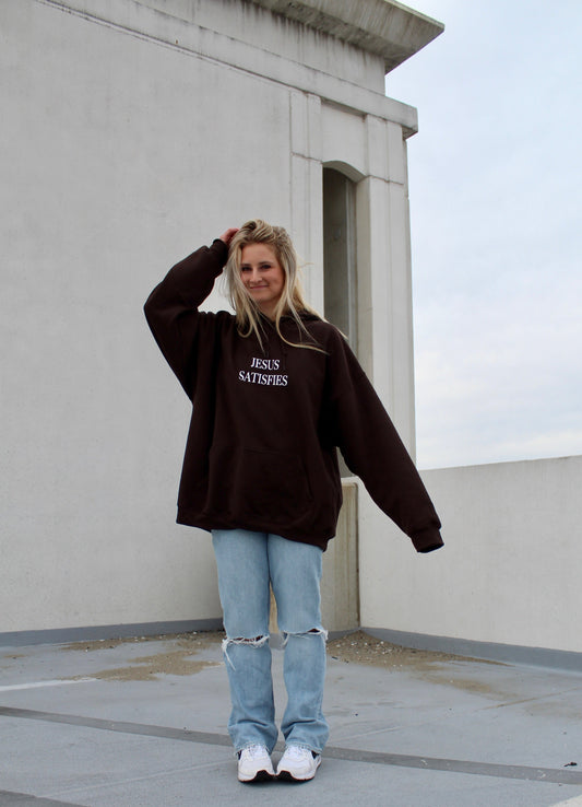 only Jesus satisfies brown gildan oversized cotton and polyester hoodie